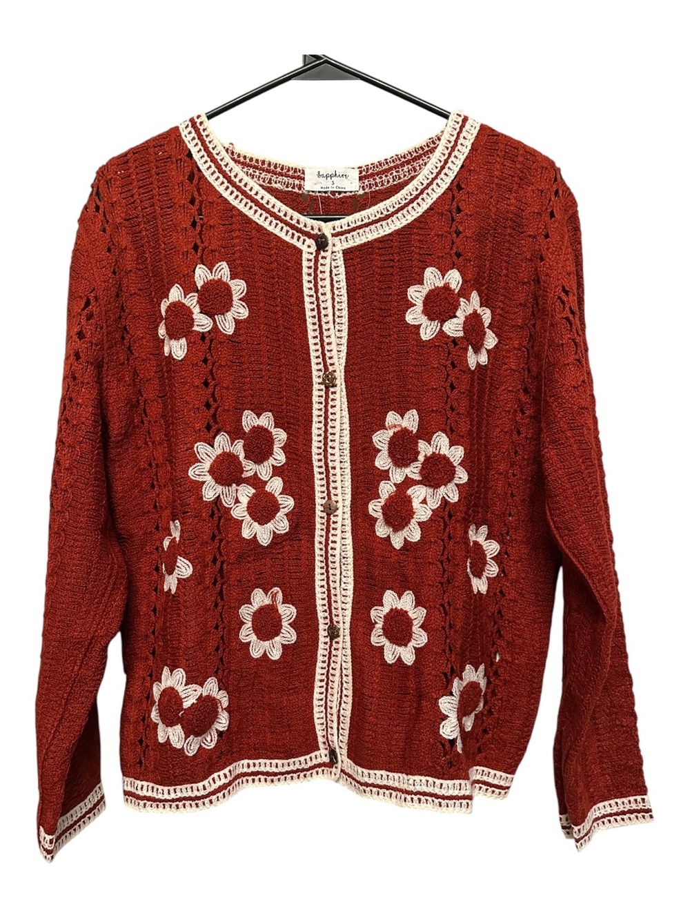 NWT Sapphire Boho Floral Crochet-Trim Cardigan Sweater in Rust Size Small